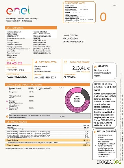 Italy Enel energia utility bill word and pdf template